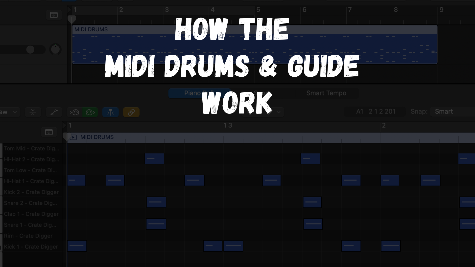 Load video: an overview of how the midi drums and guide work, including dragging and dropping MIDI drums, the inclusion of MIDI stems, and a brief look at the MIDI drum pattern guide from MIDI Mighty